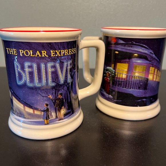 Pair of  Polar Express Christmas Mugs 3D Embossed Train BELIEVE ~ Warner Bros. - Picture 1 of 9